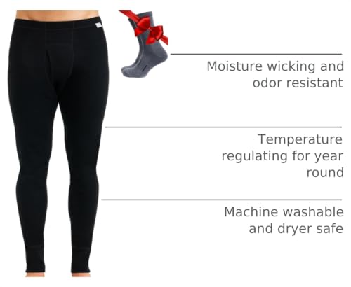 Image of Merino Wool Base Layer Mens Bottom Pants 100% Merino Wool Heavyweight, Midweight, Lite Thermal Underwear Long Johns and Socks