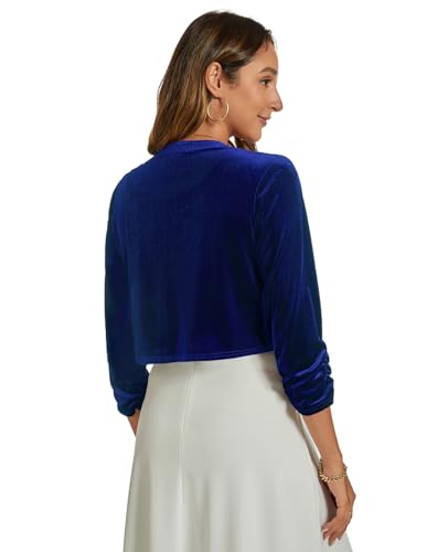 Womens Velvet Bolero Shrug Elegant Open Front Ruched 3/4 Sleeve Cocktail Party Cropped Cardigan3