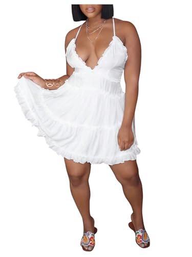 Image of SweatyRocks Women's Ruffle V Neck Mini Dress Sleeveless Criss Cross Frill A Line Cami Dresses