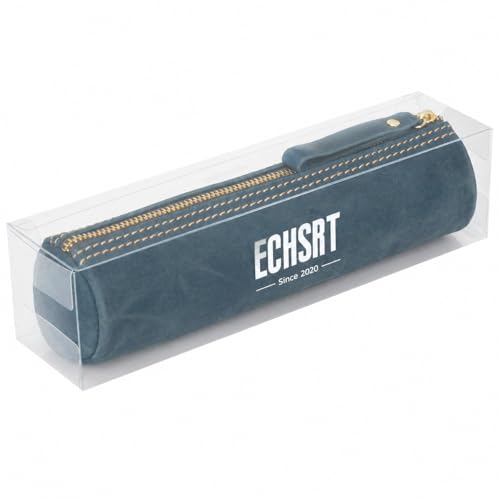 Image of ECHSRT Genuine Leather Pencil Pouch, Classic Cylinder Pen Bag - Blue | Full-Grain Cowhide Leather, Crazy Horse Finish, Single Zipper, Vintage Pen Organizer for Adults