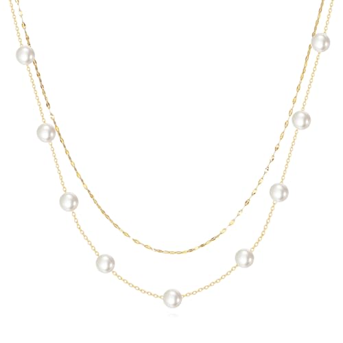 14K Gold Freshwater Cultured Pearl Chain Layered Necklaces for Women, 14 Karat Gold Jewelry Gifts for Her, 15-18 Inches - Main Image