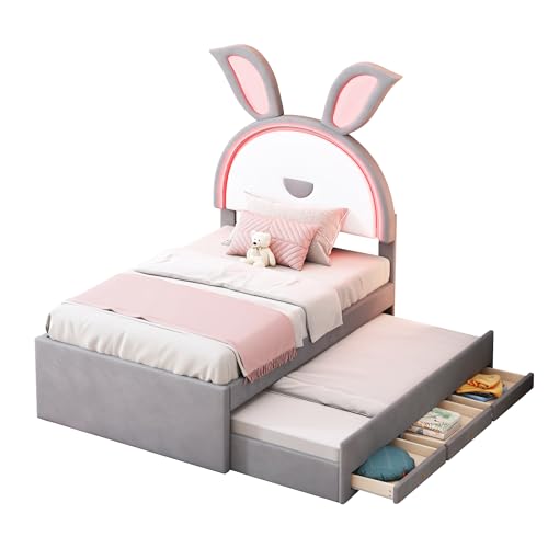Azkoeesy Cama Infantil tapizada con Cama Nido y 3 cajones, con iluminación LED, diseño de Orejas de Conejo de Dibujos Animados, para 2 niños y niña, Funda de Terciopelo, 90x200 cm + 90x190 cm, Gris
