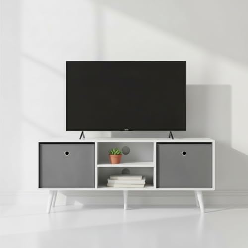INDE MOBLEKIT | Mueble Auxiliar 110×29×47 cm, Mueble TV Blanco con 2 Compartimentos Abiertos y 2 Cajones Grises, Estantería Moderna para Salón, Recibidor o Almacenamiento Hogar