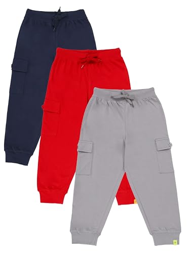 Image of KiddoPanti Boys Cotton Joggers | 100% Cotton Single Jersey | 2 Side Cargo Pockets with Flap | Elasticated Waist Band with Functional Drawcord | Soft & Breathable Track Pants