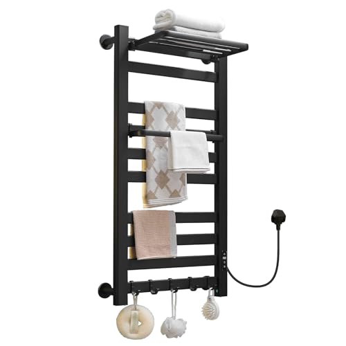 VelvetWarm Heated Towel Rail Self-Adhesive & Wall Mounted 10 Bar 960x485mm Electric Towel Rail with Thermostat Black Flat Bathroom Ladder Electric Towel Radiator