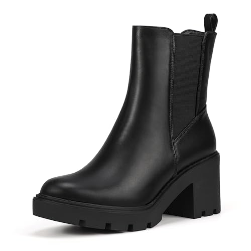 IDIFU IN3 Chelsea Boots Women Slip on Chunky High Heel Ankle Boots Waterproof Formal Casual Cute Dress Booties Comfortable Fashion Dressy Elastic Platform Fall Lug Sole Heeled Boots
