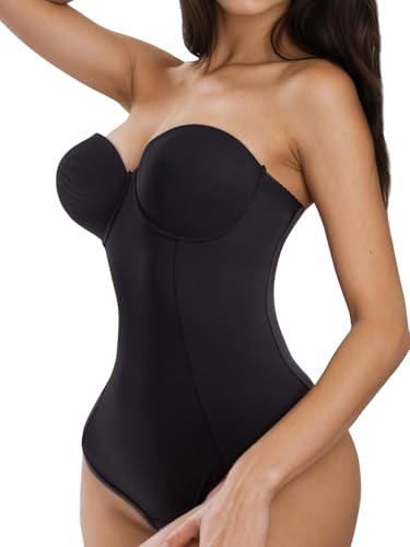 SKPNCV Womens Strapless Body Shaper Tummy Control Waist Push Up Bodysuit with Cups and Detachable Straps Shapewear (Black (Thong) Medium)