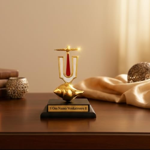 Image of Divine Hindu Shri Vishnu Shankh Tilak Chakra with Base | Lord Vishnu Divine Symbol Showpiece for Home Decor | Shankh Chakra Namam Idol for Office Desk, Car Dashboard & Spiritual Gift