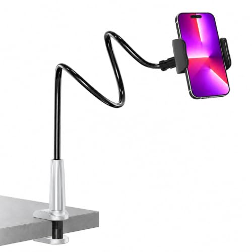Image of MAGIPEA Gooseneck Phone Holder for Bed, Flexible Overhead Cell Phone Mount for Desk, Hands-Free Viewing Clamp Stand Compatible with iPhone 17 16 15 Pro Max and 3.5-7 inch Devices, Silver