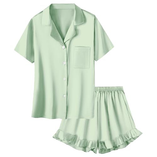 Umeyda Girls Satin Pajamas Set Button Down 2 Piece Silk Pjs Shorts Set Ruffle Sleepwear, Light Green, 11-12 Years