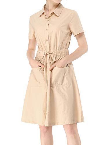 Allegra K Women s Collar Button Up Elastic Waist Above Knee Dress with Pocket X-Small Beige