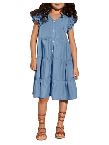 OYOANGLE Girl's Button Front V Neck Tiered Dress Ruffle Cap Sleeve Flowy Knee Length Dresses