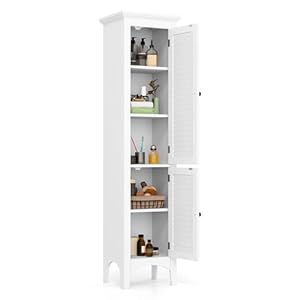 Tangkula 63″ Tall Bathroom Storage Cabinet, Freestanding Narrow Linen Tower with Adjustable Shelf, Modern Slim Floor Cabinet with 2 Doors for Bathroom, Living Room, Kitchen (White)