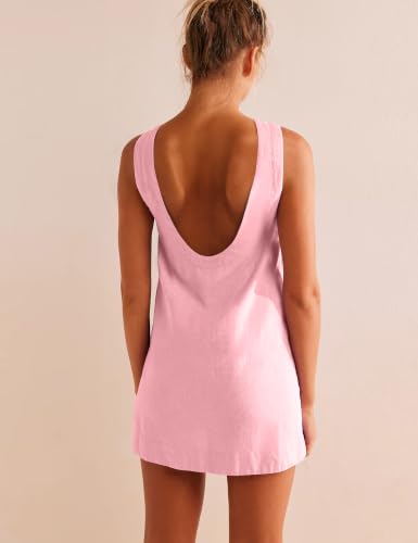 Image of VIUTIL Womens Summer Linen Mini Dress Boat Neck Low Back Sleeveless Tank Dresses with Pockets 2026 Vacation Outfits