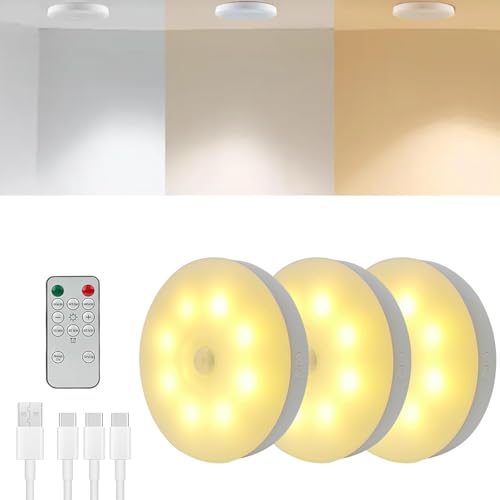 LED Puck Lights with Remote, 3 Color Under Cabinet Puck Lights, USB Rechargeable Under Counter Lamp...