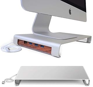 Desire2 Monitor Riser Desk Stand - Thunderbolt Type C to 4 Port USB Hub - Output 3x Standard USB 1x Type C Thunderbolt, PC Computer Aluminium Riser Desk Stand For iMac, Macbook, Laptop and Computers