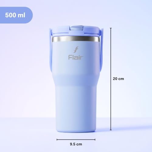 Image of FLAIR Rage Vacuum Insulated Coffee Tumbler 500 ml Blue | 2-in-1 Lid (Straw & Sip)| 304 Double Wall Stainless Steel | Leak-Proof Lid | Hot & Cold Travel Mug with Handle | BPA-Free