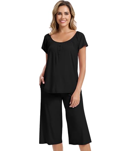 Image of NACHILA Bamboo Viscose Pajamas for Women Cooling Capri Pjs Short Sleeve Set | Cooling comfort for night sweats, Temperature-regulating, Crew Neck, Breathable lightweight stretch, Tagless, Pill-resistant