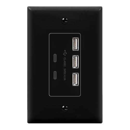 LIDER 6.0A 30W USB A&C in-Wall Charger, 3 USB Type-A and 2 USB Type-C Charging Ports, Interchangeable Face Cover, Modern Upgrade, Wall Plate Included, Black