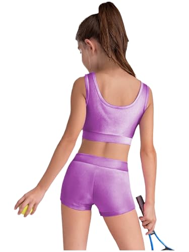 Girls Gymnastics Dance 2 Piece Shiny Metallic Set Crop Tank Top And Booty Shorts for Tennis Sports Purple 16 Years3