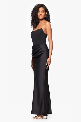 Image of Betsy & Adam Women's Floor Length, Strapless Boned Corset Detail Dress with Draped Satin Ruched Skirt