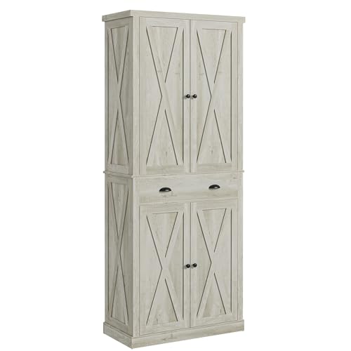 IRONCK Kitchen Pantry Storage Cabinet 83.9" H, with Barn Doors, Drawer, 4 Adjustable Shelves, Freestanding Cupboard for Dining Room Living Room, Laundry, Rustic Maple