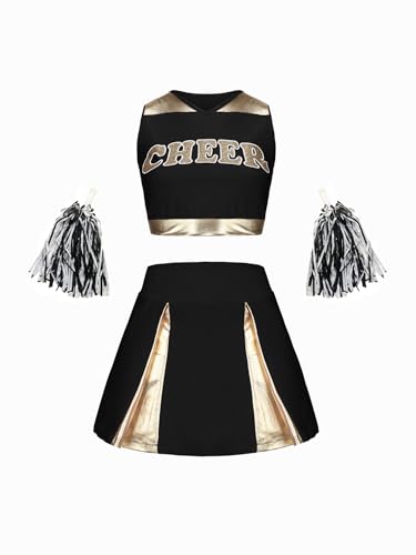 LMYOVE Girl's Split Cheerleading Uniform with Handles Gold-Plated Eye-Catching Style(Black,7-8Y)