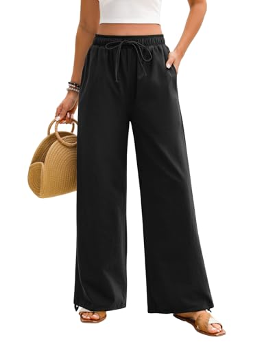 Niwicee Damen Musselin Sommer Hose 100% Baumwolle Strandhose High Waist Geradem Lose Casual Sommerhose mit Kordelzug Tas...