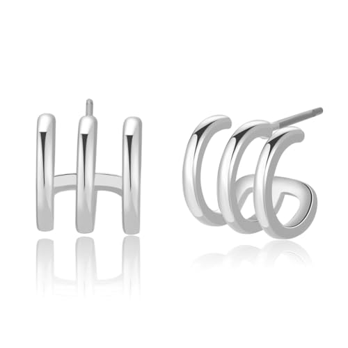 Image of Obidos 14K Gold Plated Illusion Stud Earrings for Women | Triple Huggie Hoop Earrings for One Hole| Trendy Simple Hypoallergenic Fashion Accessories Gold Jewelry Gifts for Womens