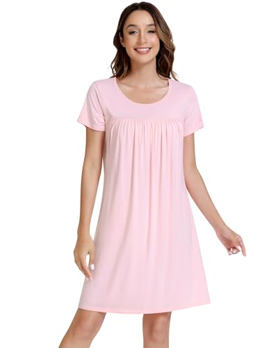 Image of NACHILA Bamboo Viscose Nightgown for Women Short Sleeve Crew Neck Sleepwear