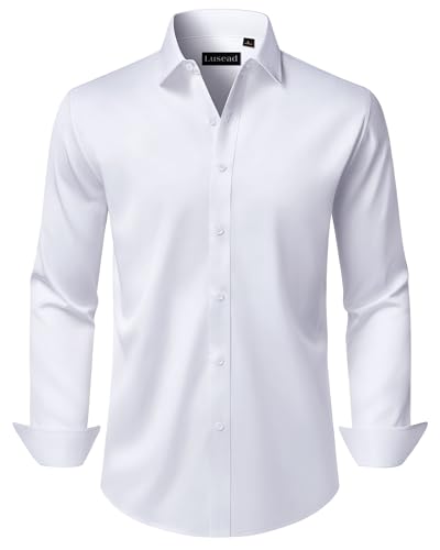 Lusead White Dress Shirts for Men Wedding Wrinkle Free Long Sleeve Stretch Formal Slim Fit Button...