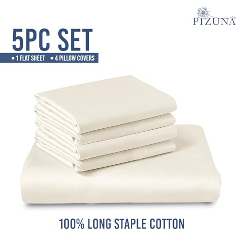 Image of Pizuna 100% Cotton Bedsheet Super King Size with 4 Pillow Covers, 1000 Thread Count Long Staple Cotton, Flat Bed Sheet 108X108 Inch for Superking Bed, New Ivory