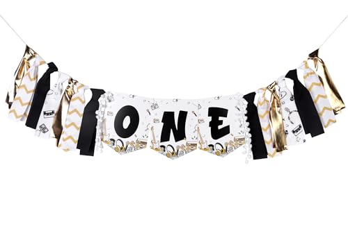 Balterever Notorious One High Chair Banner for Boys - Black and Gold - Hip Hop 1st Birthday Party Decoration