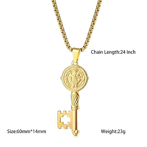 Saint Benedict Medal Key Pendant Necklace,Stainless Steel Exorcism Catholic Religious Key Necklace Jewelry 24 Inch Chain,Gift For Him4