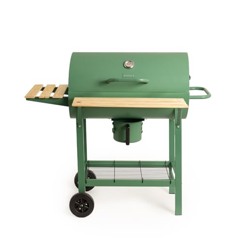 CREATE/BBQ SMOKEY EASY/Barbacoa ahumadora de carbón con ruedas verde sage/De acero inoxidable, parrilla superior, control de temperatura, bandeja frontral y lateral, fácil de transportar