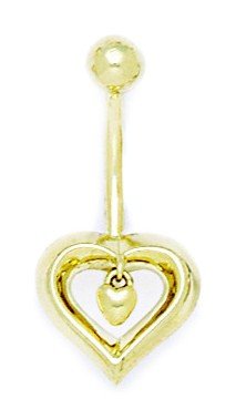 14K Yellow Gold Cz Cubic Zirconia Simulated Diamond 14 Gauge Dangling Love Heart Body Jewelry Belly Ring Measures 28X13Mm Jewelry Gifts For Women #TOP6