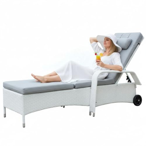Melko Gartenliege mit Armlehne und Verstellbarer Kippfunktion aus Poly Rattan, absolut wetterfest, mit grauen Auflage und Räder, 213 x 76 x 52 cm, Weiß