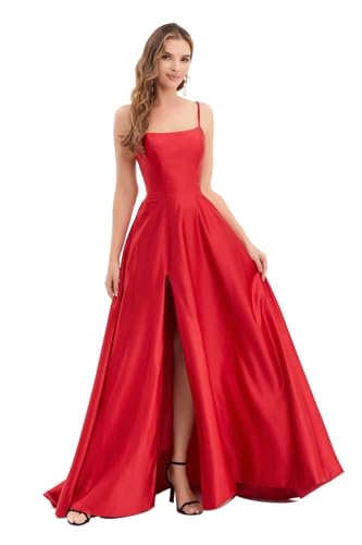Image of Women's satinprome Dress Long Train Side Slit Satin for Teens Strap Spaghetti Backless with Pockets Red 8