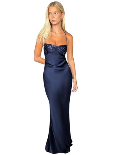 Fivsole Simple Satin Prom Dresses for Teens Long Navy Blue Beaded Tight Spaghetti Strap Sweetheart Neck Floor Length Satin Spring Formal Dresses US6