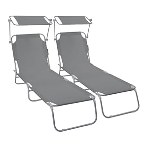 VOUNOT® 2er Set Sonnenliege Klappbar, Gartenliege mit Dach und 4-Fach Verstellbarer Rückenlehne, Leichte Strandliege für Garten, Terrasse, Camping, Pool & Strand, Grau