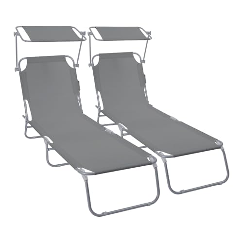 VOUNOT® Set di 2 Lettini Prendisole Pieghevole con Parasole, Sdraio da Spiaggia in Tessuto Poliestere Schienale Regolabile 4 Posizioni, Portata 120kg, per Giardino, Terrazza e Piscina, Grigio