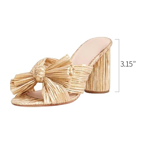 Image of MICIFA Women's Gold Bow Heels Sandals Bride Wedding Block Chunky Heels Ankle Strap Shoes Bow Knot