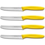 Ruffulon Tomatenmesser 4 Stück,Hochwertiges Brötchenmesser Set,Frühstücksmesser mit Wellenschliff,Edelstahl Schneidemesser,Kunststoffgriff Scharfe Besteck Messer,Gelb Messerset