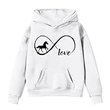 Generisch 2025 Mädchen Hoodies & Sweatshirts Winter Warmer Fleecepullover mit Tasche Niedlicher Pferdedruck Langarm Lässiges Kapuzenpullover für Kleinkinder (White 4-5 Years)
