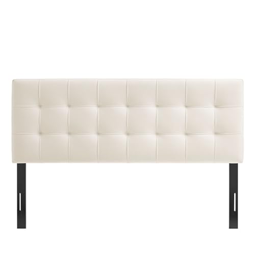 Image of Modway Lily Performance Velvet King Size Headboard with Biscuit Tufting in Alabaster - Stain-Resistant Upholstery with Padded Design and 5 Height-Adjustable Mounts
