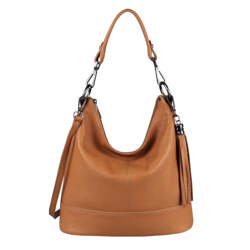 OBC Made in Italy Damen Leder Tasche Umhängetasche Shopper Schultertasche Handtasche Crossbody City Bag Crossover Ledertasche Damentasche Fransen Cognac