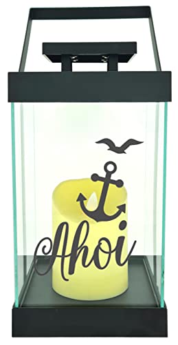 WB wohn trends Edle Glas-Laterne mit LED-Kerze, AHOI Anker Möwen maritim, Timer, 35cm hoch mit Bügel, 24,5x13x13cm, Batterie LED-Licht LED-Laterne LED-Lampe mit Text Spruch
