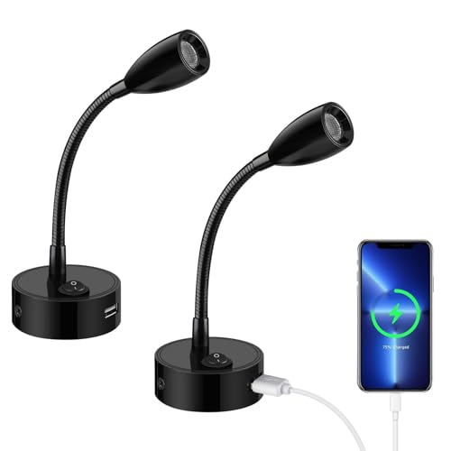 ERWEY 2er LED lampe de lecture 12V camping - car, 3W 3000k applique lampe de lit avec col de cygne flexible et port de charge USB pour bateau, yacht, voiture, éclairage intérieur de caravane, noir