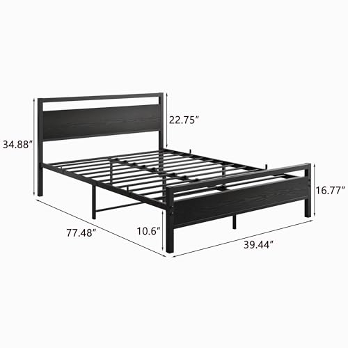 Image of HOJINLINERO Full Size Bed Frame with Headboard,Platform Metal Bed Frame Full Size,Black Wood Bed Frame No Box Spring Needed Heavy Duty Metal Slats Support,Mattress Beds Base,Noise Free,Easy Assembly
