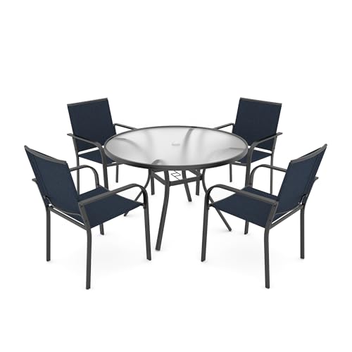 Image of Anmutig 5-Piece Outdoor Patio Dining Set, 40-Inch Round Glass Table with 4 Stackable Chairs,Navy
